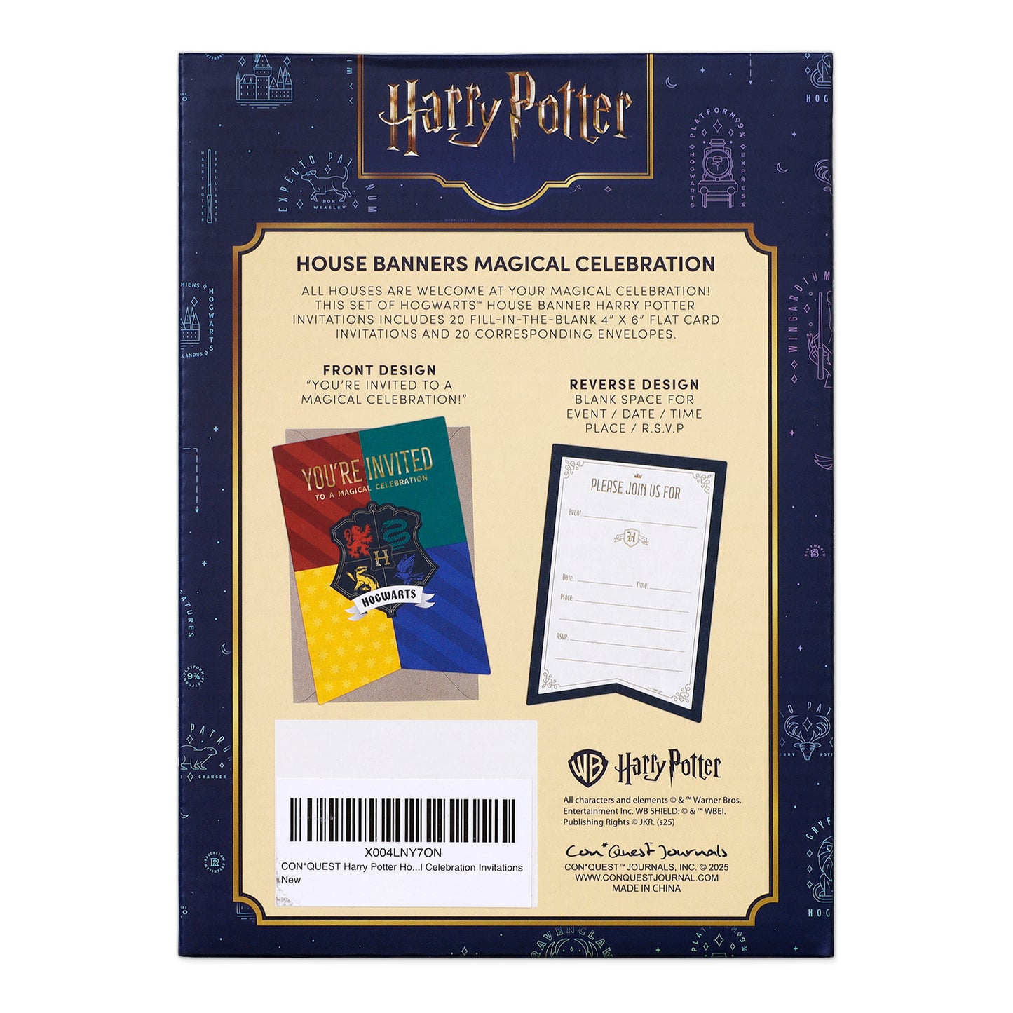 Harry Potter Hogwarts House Banners Fill-in-the-Blank Celebration Invitation & Envelope Box Set (20-Pack)