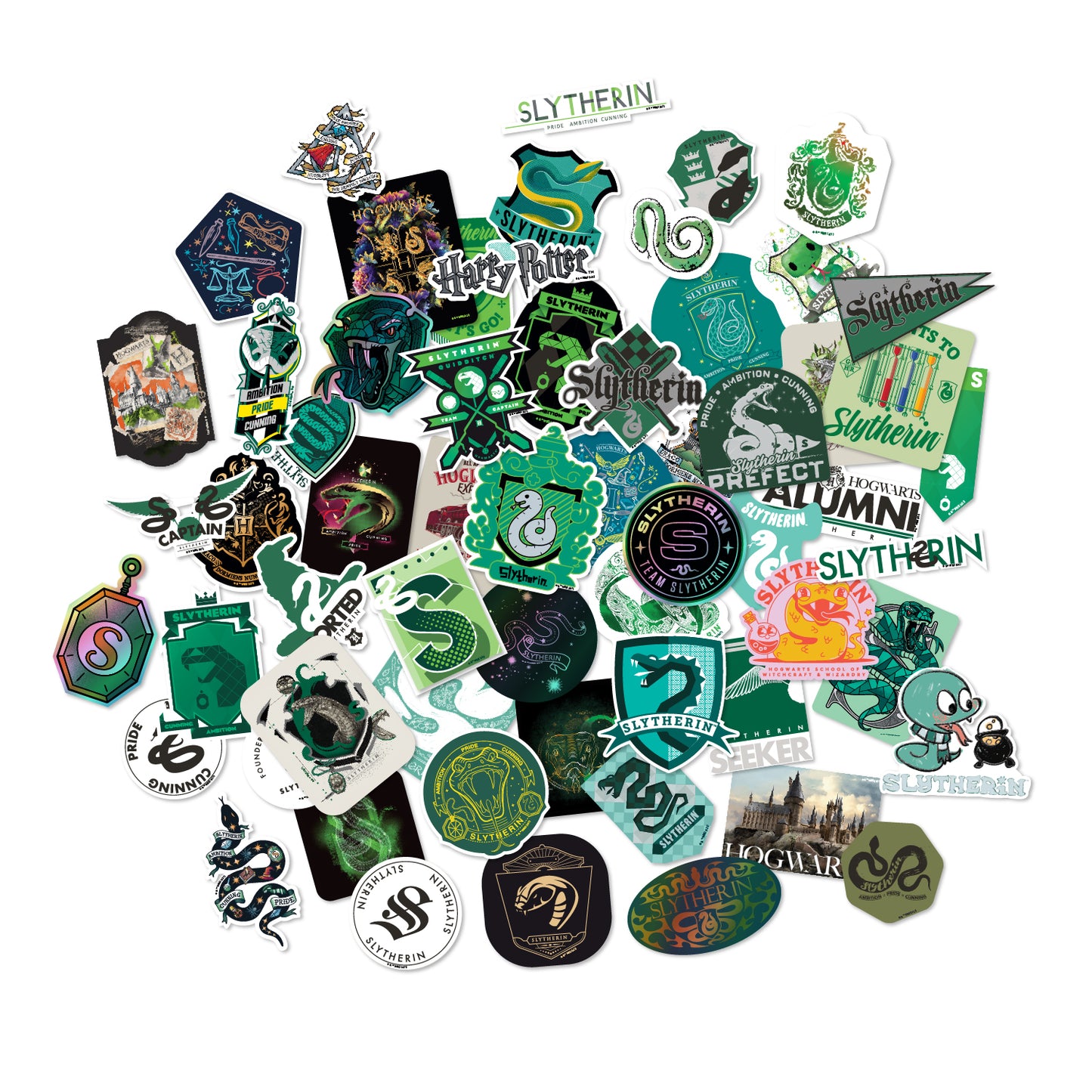 Harry Potter Slytherin House Pride Bundle (30'' x 50'' Banner, 60-Pack Decals & Wall Collage Kit)