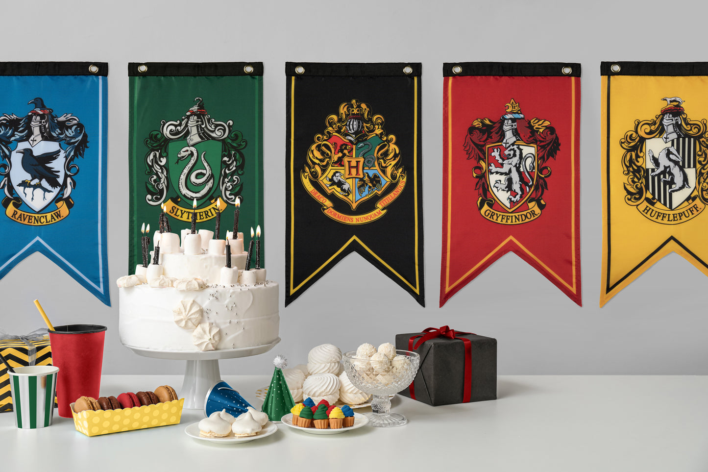 Harry Potter Wizarding World Party Decor & Sticker Bundle (Hogwarts House Banner Flag Set, Location Directional Signs & 50 Decals)