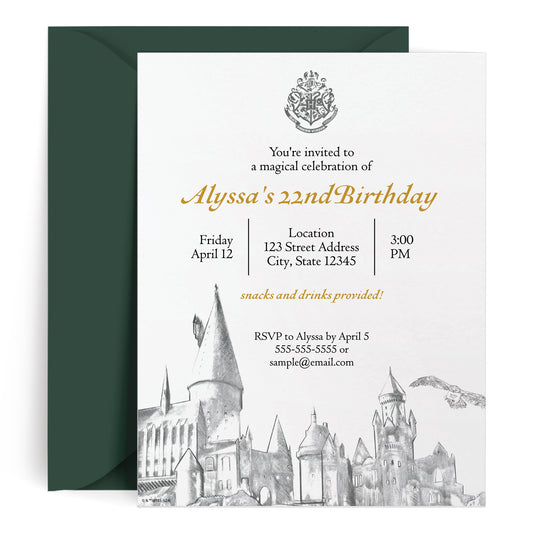 Harry Potter Black & White Hogwarts Castle Personalized Invitations