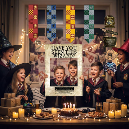 Harry Potter Party Decor & Photo Prop Bundle (Have You Seen This Wizard? Photo Prop, Location Directional Signs & Large Quidditch Banner Flag Set)
