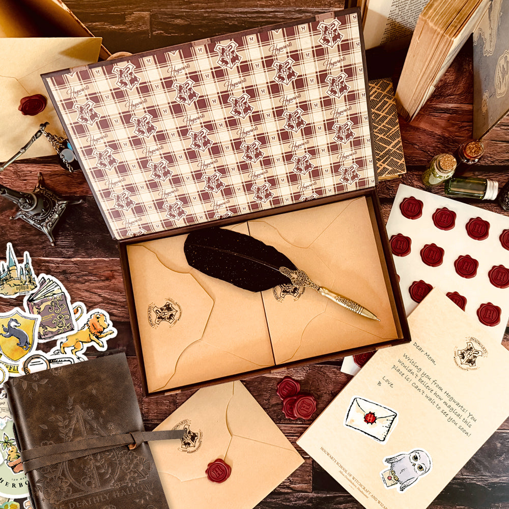 Harry Potter Writing & Journaling Bundle (Boxed Stationery Set with Wax Seals & Feather Pen, Deathly Hallows Leather Wrap Journal & 60-Count Watercolor Decals)
