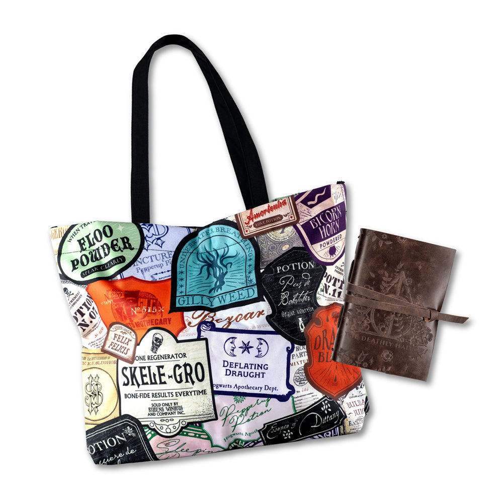 Harry Potter Deathly Hallows Leather Wrap Journal & Potions Labels Tote Bag Bundle