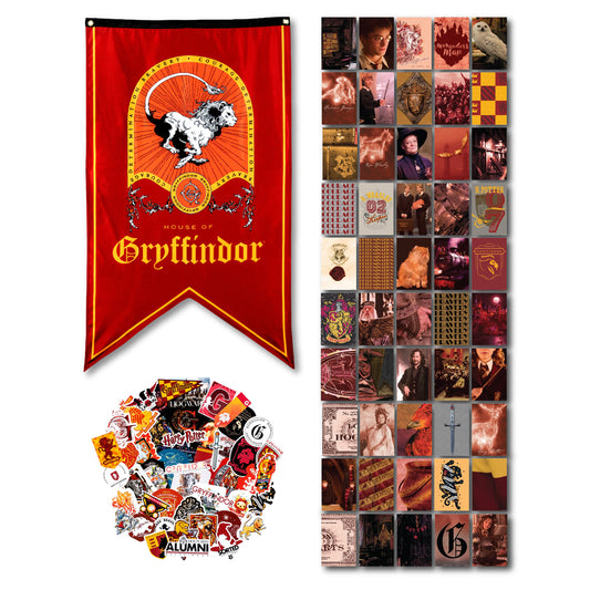Harry Potter Gryffindor House Pride Bundle (30'' x 50'' Banner, 50-Pack Decals & Wall Collage Kit)