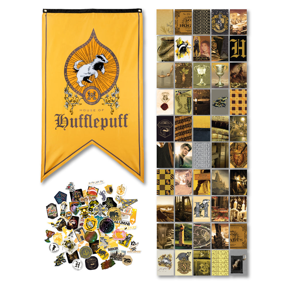 Harry Potter Hufflepuff House Pride Bundle (30'' x 50'' Banner, 60-Pack Decals & Wall Collage Kit)