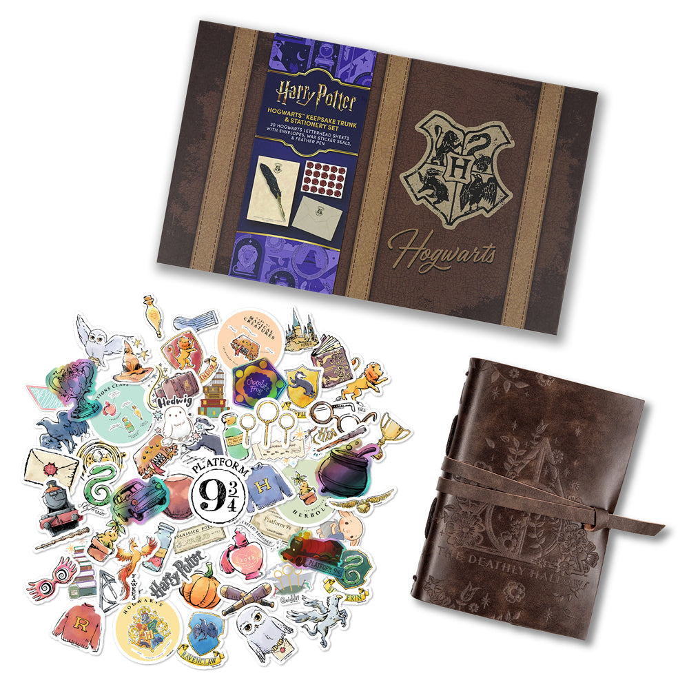 Harry Potter Writing & Journaling Bundle (Boxed Stationery Set with Wax Seals & Feather Pen, Deathly Hallows Leather Wrap Journal & 60-Count Watercolor Decals)