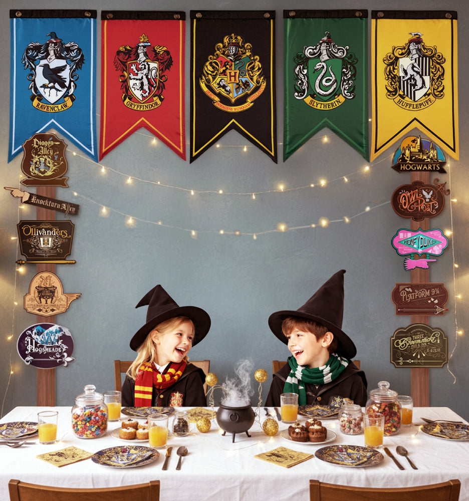 Harry Potter Wizarding World Party Decor & Sticker Bundle (Hogwarts House Banner Flag Set, Location Directional Signs & 50 Decals)