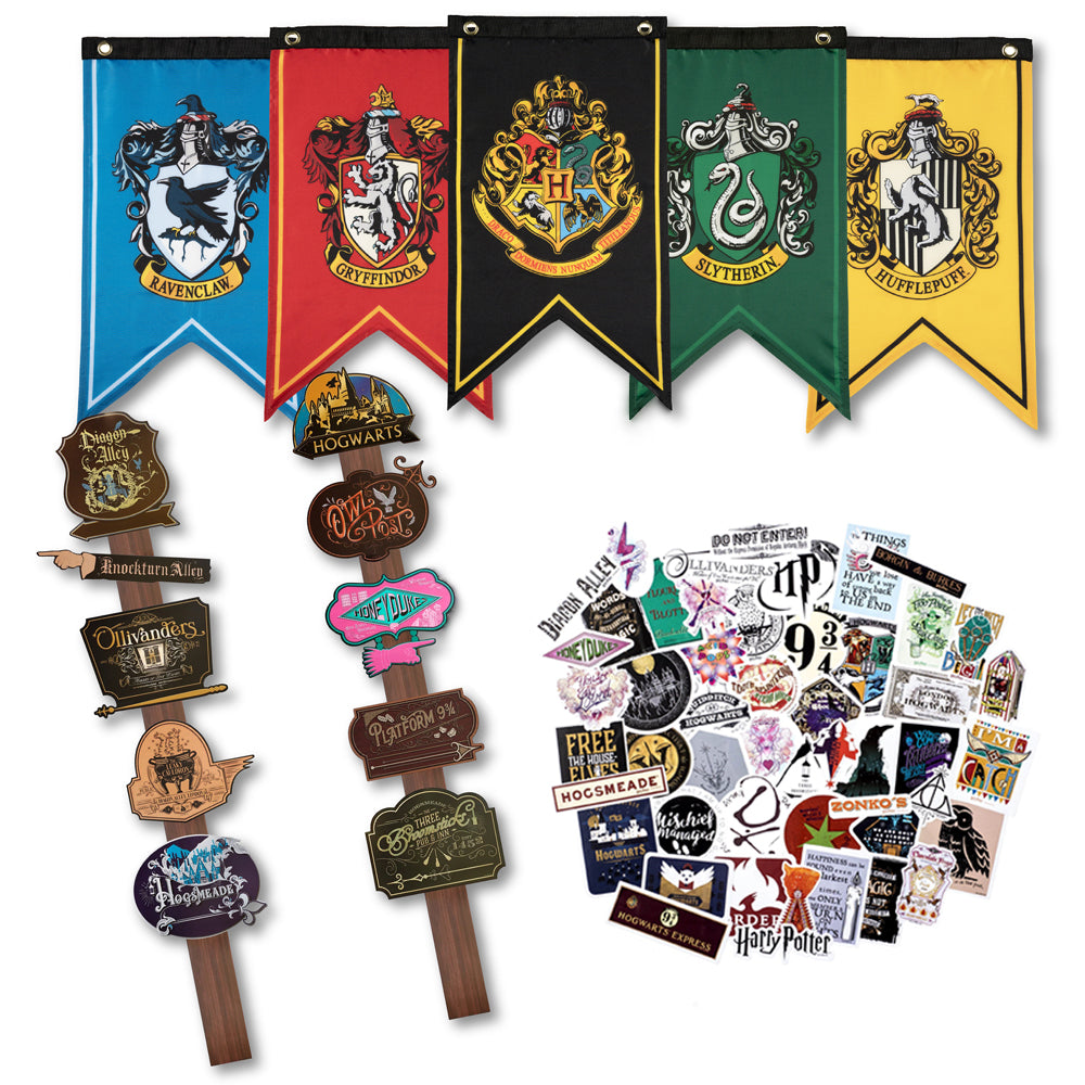 Harry Potter Wizarding World Party Decor & Sticker Bundle (Hogwarts House Banner Flag Set, Location Directional Signs & 50 Decals)