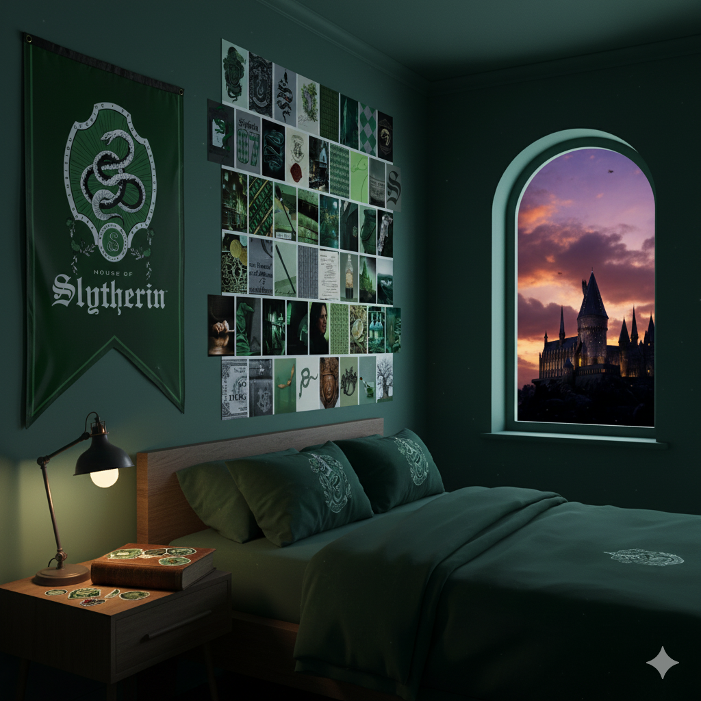 Harry Potter Slytherin House Pride Bundle (30'' x 50'' Banner, 60-Pack Decals & Wall Collage Kit)