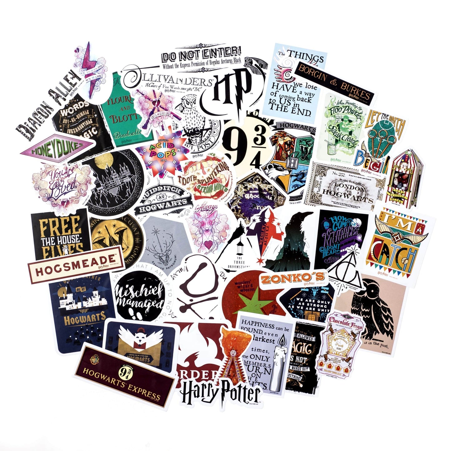 Harry Potter Wizarding World Party Decor & Sticker Bundle (Hogwarts House Banner Flag Set, Location Directional Signs & 50 Decals)