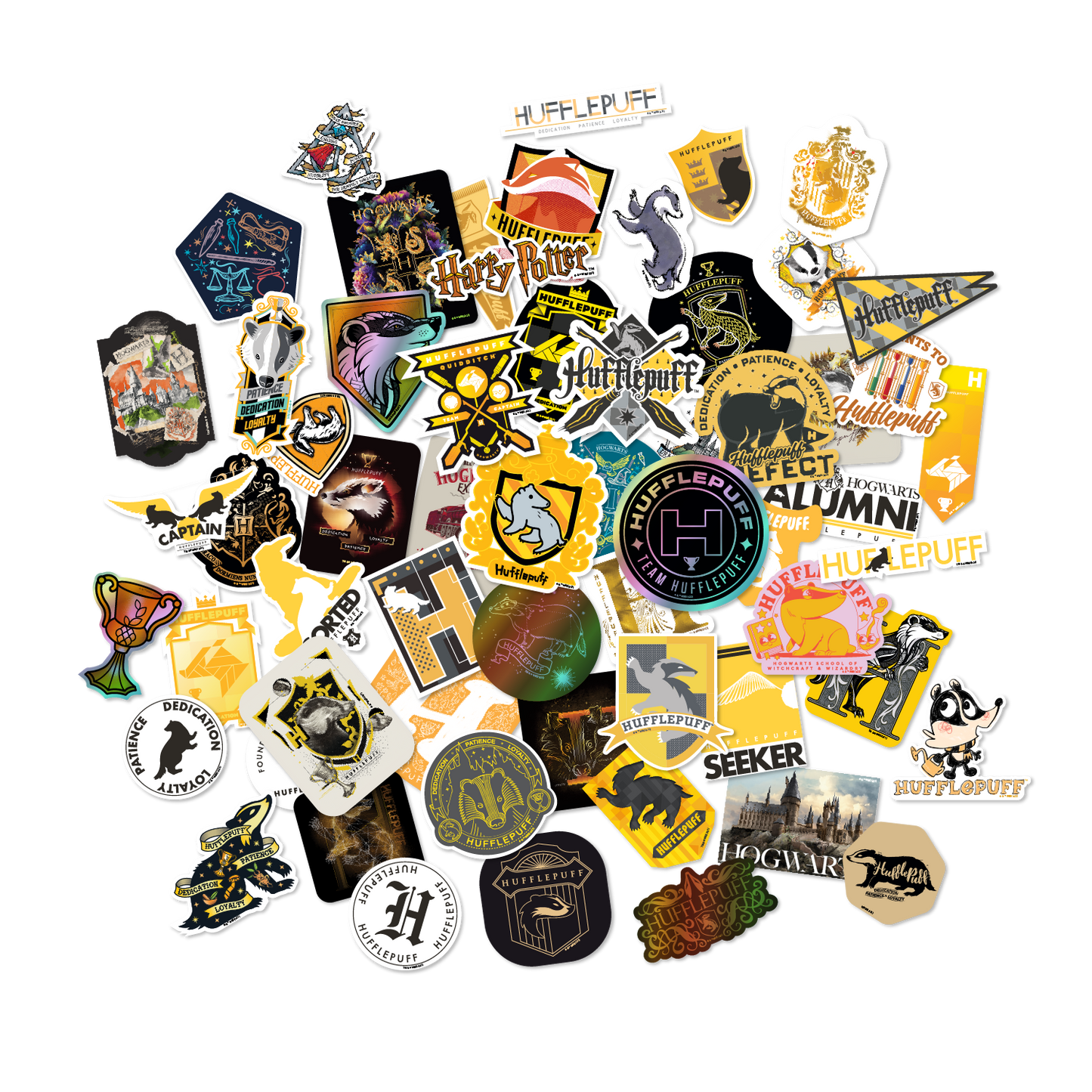 Harry Potter Hufflepuff House Pride Bundle (30'' x 50'' Banner, 60-Pack Decals & Wall Collage Kit)